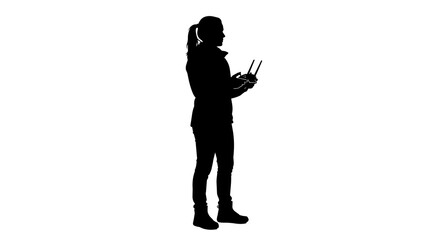 Silhouette of a woman operating a drone controller, isolated on transparent background © Hughes