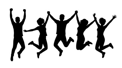 Five diverse people silhouettes jumping joyfully holding hands, isolated on transparent background