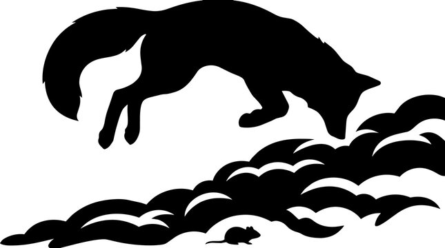 Black fox silhouette pouncing on abstract cloud shapes, isolated on transparent background