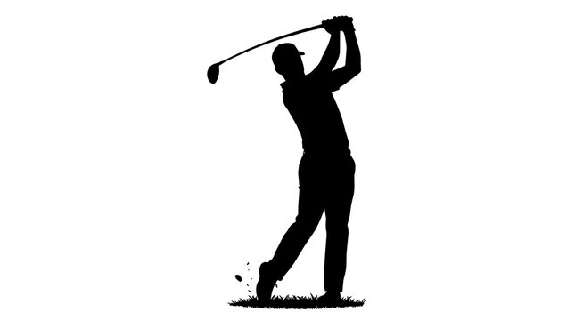 Golfer silhouette swinging club kicking up grass, isolated on transparent background