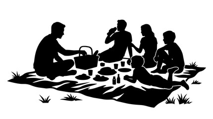 Family picnic with basket and food, isolated on transparent background
