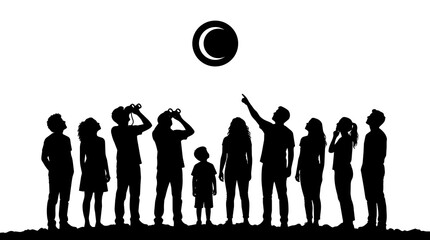 Diverse group of people observing a solar eclipse, isolated on transparent background