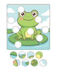 Obraz premium Cute frog puzzle for children with missing circle pieces, designed as an educational matching activity that supports logical thinking, attention, and fine motor skill development through play.