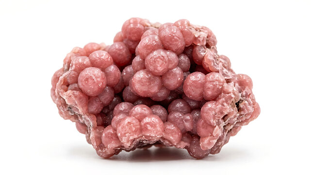 Macro shot of a rhodonite mineral cluster with its characteristic pink bubbly texture