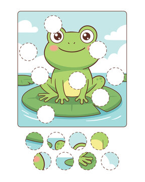 Cute frog puzzle for children with missing circle pieces, designed as an educational matching activity that supports logical thinking, attention, and fine motor skill development through play.