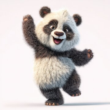 Cheerful 3D panda dancing on a pristine white background