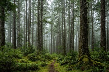 Obraz premium Quiet Oregon forest with towering fir trees, emerald greens and morning light
