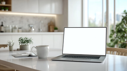 Fototapeta premium White dining table featuring a laptop with blank screen mockup, coffee cup, and decor, placed before a blurred modern kitchen. 
