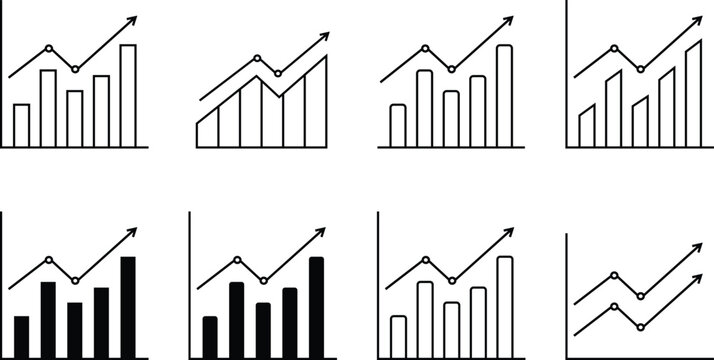 Collection of black and white line art growth charts and bar graphs