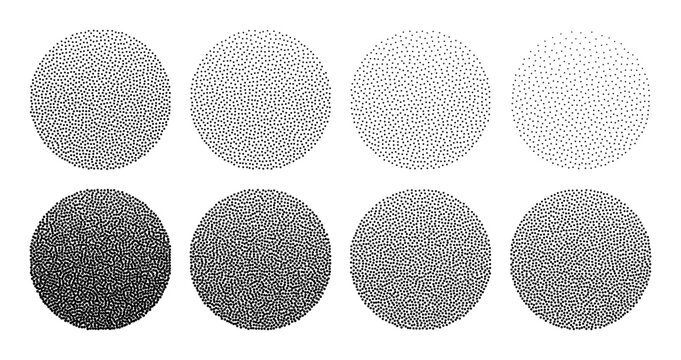 Set of circles with stipple grain effect. Vector dot shading texture with various density levels for graphic design. Artistic halftone pattern for modern abstract composition background.