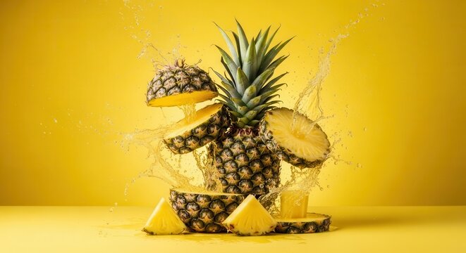Vibrant studio shot showing fresh tropical pineapples bursting with sweet fresh juices over a bright yellow summer canvas symbolizing healthy diets.