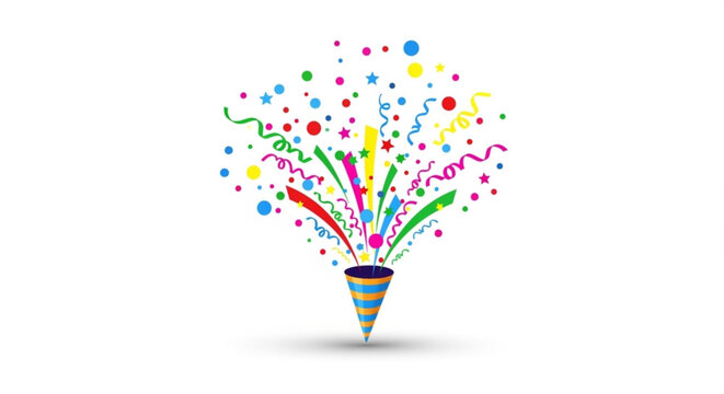 A colorful party popper illustration with confetti and ribbons exploding in the air