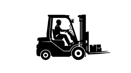 Black forklift truck with driver carrying boxes, isolated on transparent background © Hughes