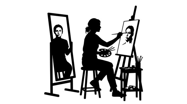 Artist painting self-portrait in mirror, isolated on transparent background
