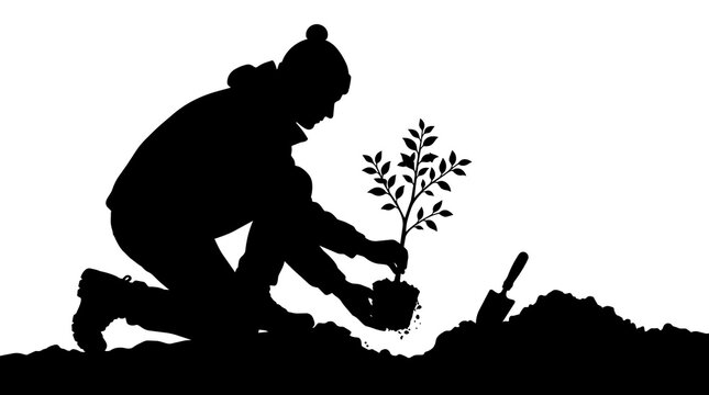 Silhouette of person planting a small tree with a trowel in soil, isolated on transparent background