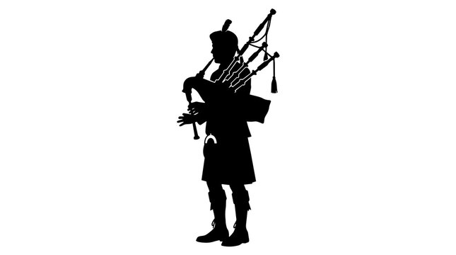 Black silhouette of bagpiper playing traditional Scottish instrument, isolated on transparent background
