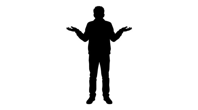 Man silhouette with open hands gesturing confusion, isolated on transparent background