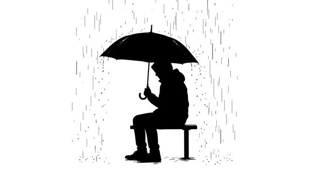 Silhouette of a person sitting on a bench under an umbrella in the rain, isolated on transparent background
