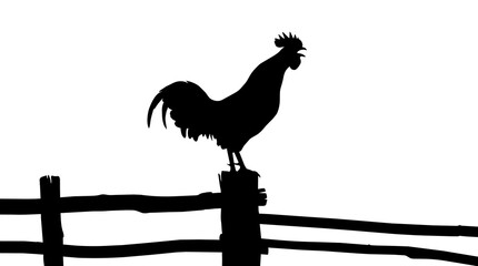 Fototapeta premium Black silhouette of a rooster crowing on a wooden fence post, isolated on transparent background