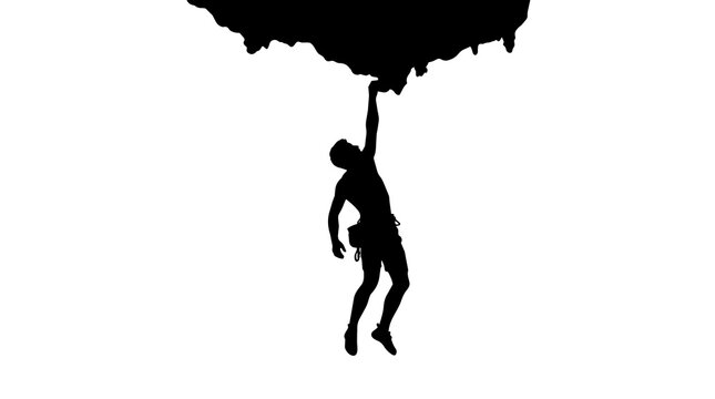 Silhouette of a man rock climbing hanging from a cliff overhang, isolated on transparent background