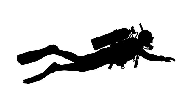Scuba diver with oxygen tank and mask swimming, isolated on transparent background