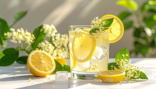 Erfrischende Holunderbl&uuml;tenlimonade mit Zitrone und Eis