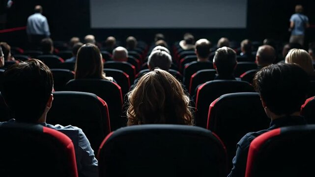 Audience immersed in a dark movie theater, anticipating the screen