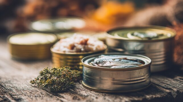 Canned Fish and Dried Herbs Arranged on a Rustic Wooden Surface With Clean Background and Ample Copy Space for Seafood Brand Promotion