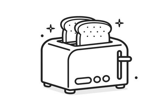 Kitchen Toaster Icon in Line Design Featuring Two Slices of Bread Toast, Ideal for Cafe Breakfast Menus, Cooking Apps, and Home Appliance Graphics, Minimalist Vector Illustration on White.