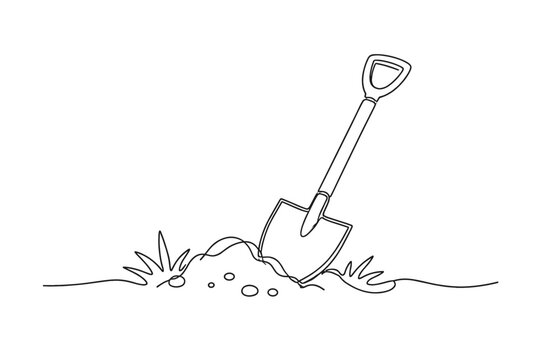 Minimalist one continuous line art drawing of a shovel digging into the earth for gardening or construction. Hand drawn spade tool in soil with grass for agriculture and landscaping designs.