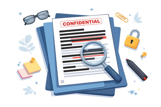 Confidential document with redacted text and magnifying glass flat vector illustration. Concept of data privacy, security, secret investigation, sensitive information, and legal disclosure.