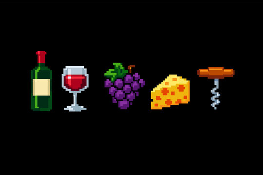 Pixel Art Wine Icon Set Featuring a Bottle of Red Wine, a Full Glass, Purple Grapes, a Wedge of Swiss Cheese, and a Corkscrew in a Retro 8-Bit Video Game Style Isolated on a Black Background.