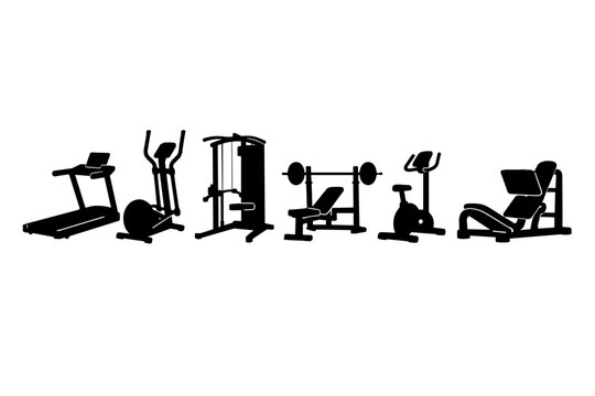Set of six black gym fitness machine silhouettes in a row including treadmill, elliptical, cable crossover, weight bench, stationary bike, and leg press for workout and bodybuilding design.