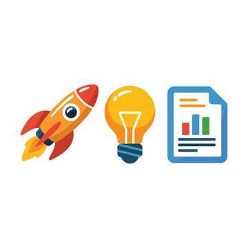 Startup innovation icons, rocket and light bulb with analytics report, business seminar banner, pitch deck workshop, growth session, vector design