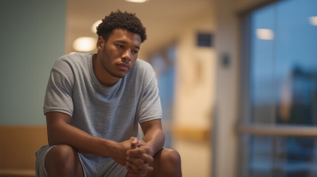 A young Black man seated alone in a hospital waiting room corridor at dusk, hands clasped, looking at a mental health awareness poster on a pale green wall, fluorescent overhead light flickering, id
