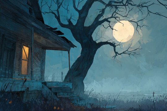 Creepy Night Scene: Gnarled Tree and Abandoned Mansion in Mist