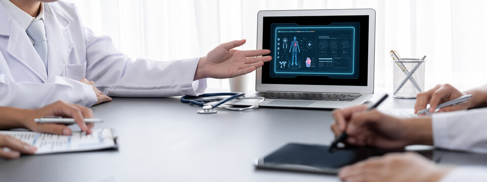 Medical science technology and futuristic healthcare virtual computer software analyze human health and diagnose disease for doctor data and medical research. brisk
