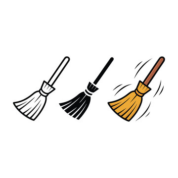 Witch broom icon set with clean strokes, classic straw tools for Halloween invitations, magic school theme, fantasy decoration elements