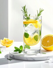 Fototapeta premium Infused Water mit Kräutern und Zitrone im Glas