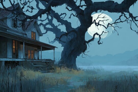 Moody Illustration of a Haunted Tree and a Derelict Home in Fog