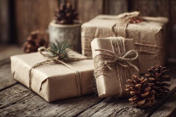 Fototapeta premium Wrapped gifts in rustic kraft paper with twine bows on a wooden table