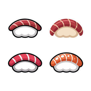Nigiri sushi icons set, japanese food festival poster, culinary workshop graphic, restaurant menu design, seafood tasting event, vector illustration elements