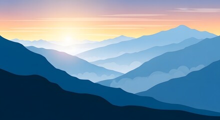 Fototapeta premium Serene mountain range at sunrise with layers of blue peaks and soft sky