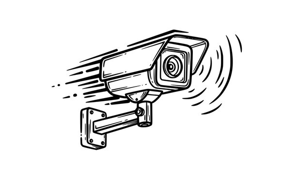 Abstract CCTV camera sketch vector illustration with motion lines for surveillance concept isolated on white