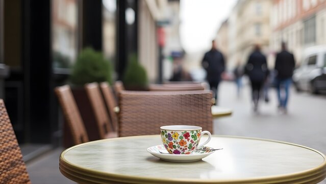 A floral patterned coffee cup sitting on a round bistro table in a busy european city street scene