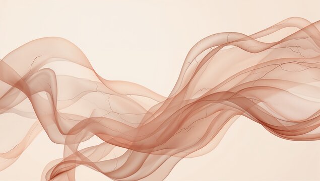 Ethereal flowing silk ribbons move gracefully in a smooth motion creating an abstract artistic composition with soft delicate waves of light brown fabric on a neutral cream background