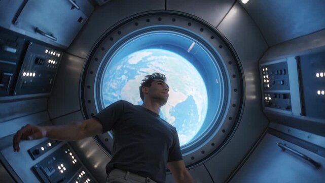 A astronaut gazes in awe at Earth through a spaceship window, contemplating the vastness of space.