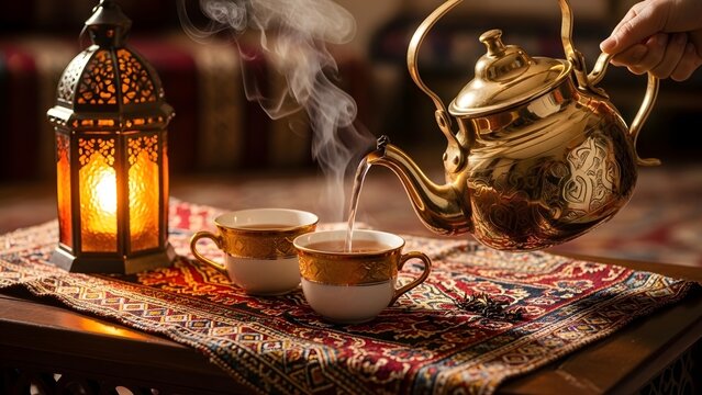 A person pouring hot tea into a traditional cup beside a glowing lantern on an ornate rug surface