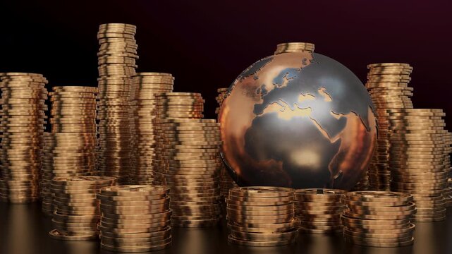 Golden coin stacks are disappearing around a spinning metallic Earth globe in a 3D animation. Global recession, wealth distribution, economic collapse, and financial crisis concepts.