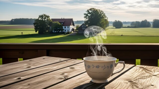 A steaming cup of tea sitting on a rustic wooden table overlooking a serene green countryside